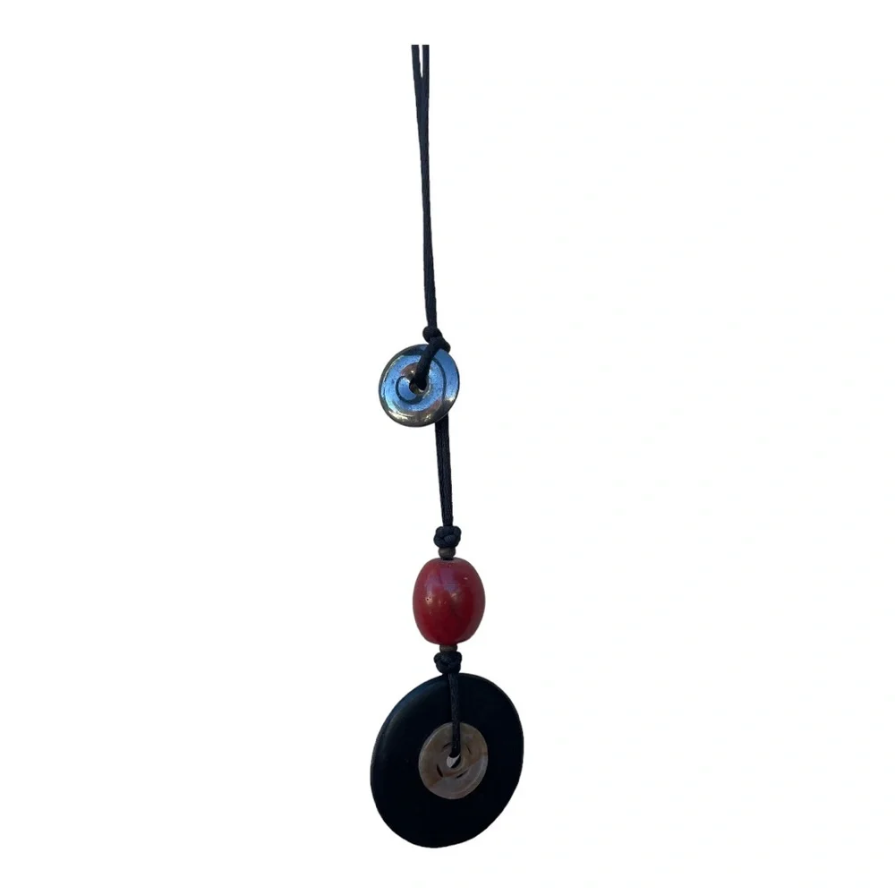 Asian Chinese Coin Donut Medallion Pendant Cord Necklace